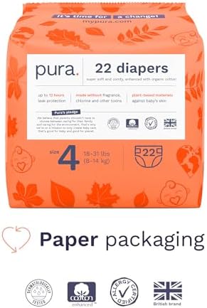Pura Hypoallergenic Diapers, Size 1 (4-11 lbs), Newborn, Totally Chlorine Free, Wetness Indicator, Suitable for Sensitive Skin, Soft Organic Cotton Comfort, Overnight, 1 Pack of 32 Baby Diapers