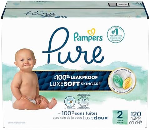 Pampers Pure Protection Baby Diapers, Size 2 (12-18 lbs), 120 Count, Up to 100% Leakproof, Premium Plant-Based Skin Protection, Hypoallergenic Soft Diapers