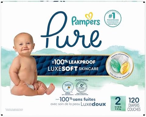 Pampers Pure Protection Baby Diapers, Size 2 (12-18 lbs), 120 Count, Up to 100% Leakproof, Premium Plant-Based Skin Protection, Hypoallergenic Soft Diapers