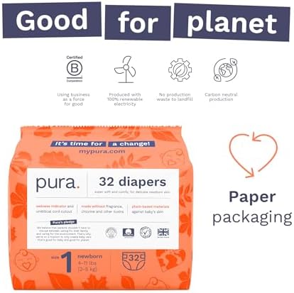 Pura Hypoallergenic Diapers, Size 1 (4-11 lbs), Newborn, Totally Chlorine Free, Wetness Indicator, Suitable for Sensitive Skin, Soft Organic Cotton Comfort, Overnight, 1 Pack of 32 Baby Diapers