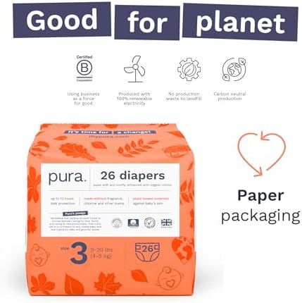 Pura Hypoallergenic Diapers, Size 1 (4-11 lbs), Newborn, Totally Chlorine Free, Wetness Indicator, Suitable for Sensitive Skin, Soft Organic Cotton Comfort, Overnight, 1 Pack of 32 Baby Diapers