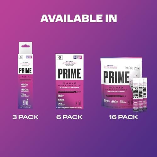 Prime Rapid Rehydration Electrolyte Powder Sticks, Berry Citrus Rush, Sugar Free Hydration Drink Mix with Sodium, Potassium & B Vitamins, Caffeine Free, 16 Count
