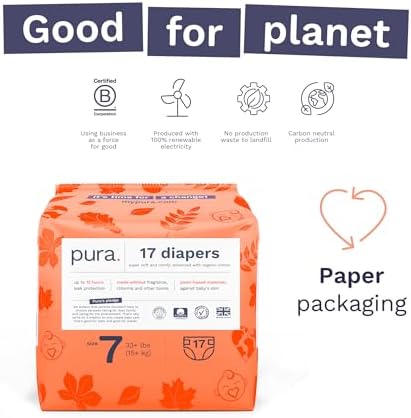 Pura Hypoallergenic Diapers, Size 1 (4-11 lbs), Newborn, Totally Chlorine Free, Wetness Indicator, Suitable for Sensitive Skin, Soft Organic Cotton Comfort, Overnight, 1 Pack of 32 Baby Diapers