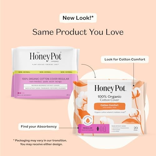 The Honey Pot Company - Sanitary Pads for Women - Non-Herbal Regular Flow w/Wings - Organic Cotton Cover & Ultra-Absorbent Pulp Core - Feminine Care - 20 ct