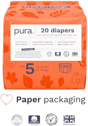 Pura Hypoallergenic Diapers, Size 1 (4-11 lbs), Newborn, Totally Chlorine Free, Wetness Indicator, Suitable for Sensitive Skin, Soft Organic Cotton Comfort, Overnight, 1 Pack of 32 Baby Diapers
