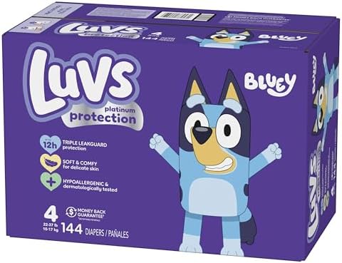 Luvs Size 4 Baby Diapers, Platinum Protection Bluey Diapers for Day & Night, Size 4, 198 Count (Packaging May Vary)