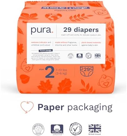 Pura Hypoallergenic Diapers, Size 1 (4-11 lbs), Newborn, Totally Chlorine Free, Wetness Indicator, Suitable for Sensitive Skin, Soft Organic Cotton Comfort, Overnight, 1 Pack of 32 Baby Diapers