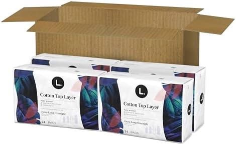 L. Ultra Thin Pads for Women, Overnight Absorbency, Organic Cotton Top Layer, Unscented Pads with Wings, 96 Count (4 Packs of 24)