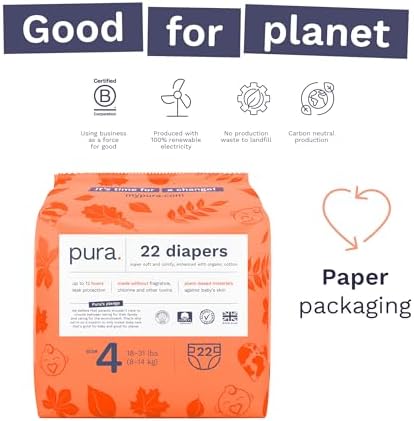 Pura Hypoallergenic Diapers, Size 1 (4-11 lbs), Newborn, Totally Chlorine Free, Wetness Indicator, Suitable for Sensitive Skin, Soft Organic Cotton Comfort, Overnight, 1 Pack of 32 Baby Diapers
