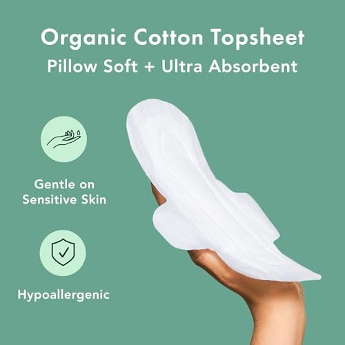 Rael Organic Cotton Cover Pads - Regular Absorbency, Unscented, Ultra Thin Pads with Wings for Women (56 Total)