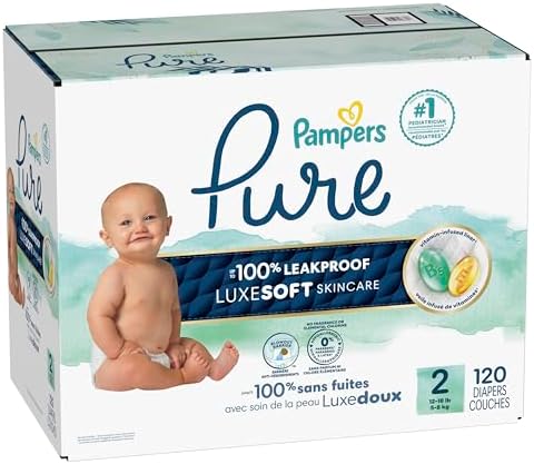 Pampers Pure Protection Baby Diapers, Size 2 (12-18 lbs), 120 Count, Up to 100% Leakproof, Premium Plant-Based Skin Protection, Hypoallergenic Soft Diapers