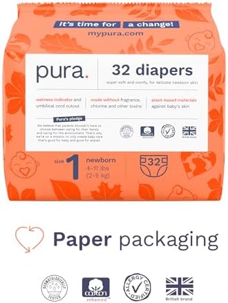 Pura Hypoallergenic Diapers, Size 1 (4-11 lbs), Newborn, Totally Chlorine Free, Wetness Indicator, Suitable for Sensitive Skin, Soft Organic Cotton Comfort, Overnight, 1 Pack of 32 Baby Diapers