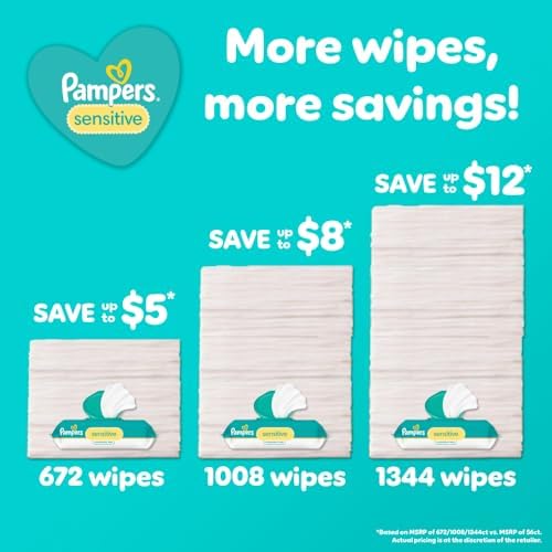 Pampers Baby Wipes, Sensitive, Water Based Wipe, Clinically Proven, Hypoallergenic, and Unscented for Babies, 336 Wipes Total (4 Flip-Top Packs)