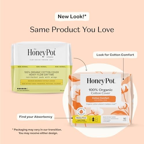The Honey Pot Company - Sanitary Pads for Women - Non-Herbal Regular Flow w/Wings - Organic Cotton Cover & Ultra-Absorbent Pulp Core - Feminine Care - 20 ct