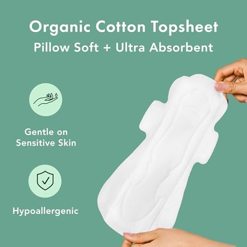 Rael Organic Cotton Cover Pads - Regular Absorbency, Unscented, Ultra Thin Pads with Wings for Women (56 Total)