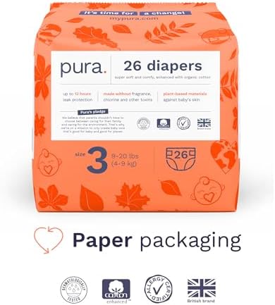 Pura Hypoallergenic Diapers, Size 1 (4-11 lbs), Newborn, Totally Chlorine Free, Wetness Indicator, Suitable for Sensitive Skin, Soft Organic Cotton Comfort, Overnight, 1 Pack of 32 Baby Diapers
