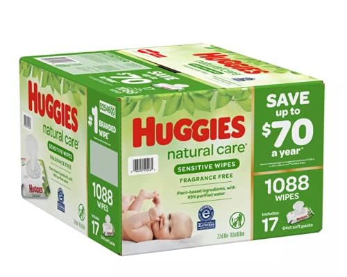 Huggies Natural Care Sensitive Baby Wipes, Unscented, Hypoallergenic, 6 Flip-Top Packs (288 Wipes Total)