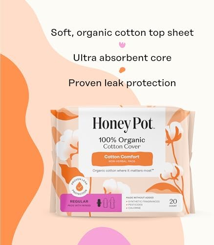The Honey Pot Company - Sanitary Pads for Women - Non-Herbal Regular Flow w/Wings - Organic Cotton Cover & Ultra-Absorbent Pulp Core - Feminine Care - 20 ct