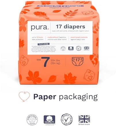 Pura Hypoallergenic Diapers, Size 1 (4-11 lbs), Newborn, Totally Chlorine Free, Wetness Indicator, Suitable for Sensitive Skin, Soft Organic Cotton Comfort, Overnight, 1 Pack of 32 Baby Diapers
