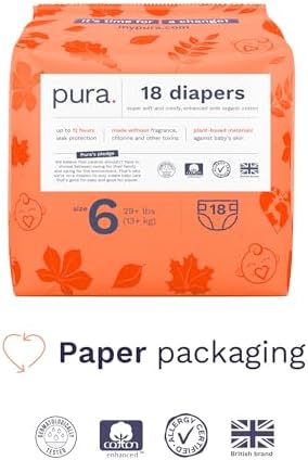Pura Hypoallergenic Diapers, Size 1 (4-11 lbs), Newborn, Totally Chlorine Free, Wetness Indicator, Suitable for Sensitive Skin, Soft Organic Cotton Comfort, Overnight, 1 Pack of 32 Baby Diapers