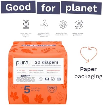Pura Hypoallergenic Diapers, Size 1 (4-11 lbs), Newborn, Totally Chlorine Free, Wetness Indicator, Suitable for Sensitive Skin, Soft Organic Cotton Comfort, Overnight, 1 Pack of 32 Baby Diapers