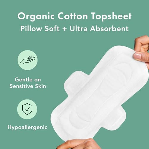 Rael Organic Cotton Cover Pads - Regular Absorbency, Unscented, Ultra Thin Pads with Wings for Women (56 Total)