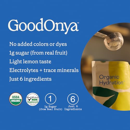 GOODONYA Organic Hydration Electrolyte Drink Mix, Certified Organic Hydration Powder, Non-GMO, Biochecked Glyphosate Free, Low Sugar, Lemonade Flavor, No Artificial Flavors, 42 Servings