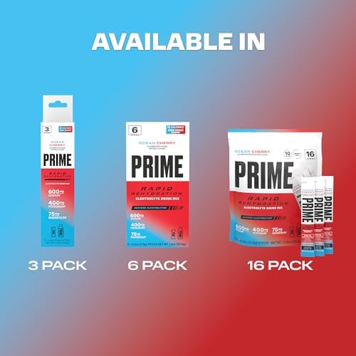 Prime Rapid Rehydration Electrolyte Powder Sticks, Berry Citrus Rush, Sugar Free Hydration Drink Mix with Sodium, Potassium & B Vitamins, Caffeine Free, 16 Count