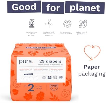 Pura Hypoallergenic Diapers, Size 1 (4-11 lbs), Newborn, Totally Chlorine Free, Wetness Indicator, Suitable for Sensitive Skin, Soft Organic Cotton Comfort, Overnight, 1 Pack of 32 Baby Diapers