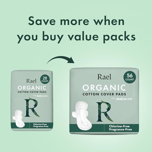 Rael Organic Cotton Cover Pads - Regular Absorbency, Unscented, Ultra Thin Pads with Wings for Women (56 Total)