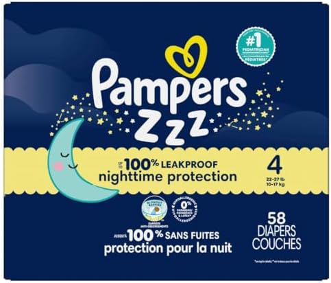 Pampers ZZZ Overnight Diapers, Size 4 (22-37 lbs), 58 Count, Nighttime Protection Disposable Baby Diaper, Night Time Leak and Skin Protection