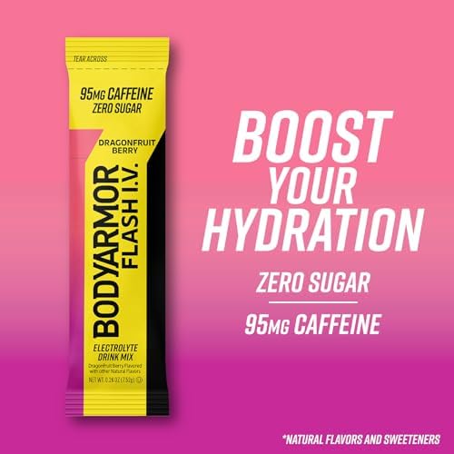 BODYARMOR Flash IV Electrolyte Packets, Strawberry Kiwi - Zero Sugar Drink Mix, Single Serve Packs, Coconut Water Powder (6 Count)