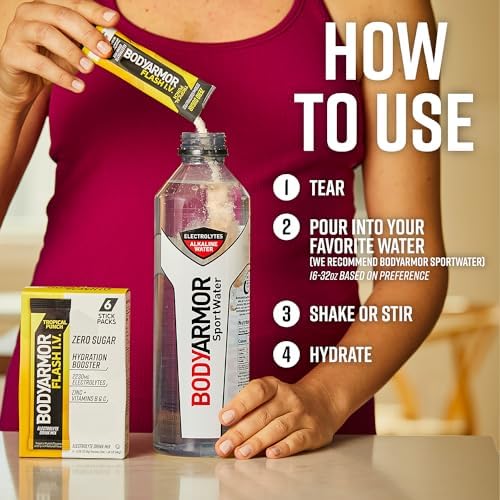 BODYARMOR Flash IV Electrolyte Packets, Strawberry Kiwi - Zero Sugar Drink Mix, Single Serve Packs, Coconut Water Powder (6 Count)
