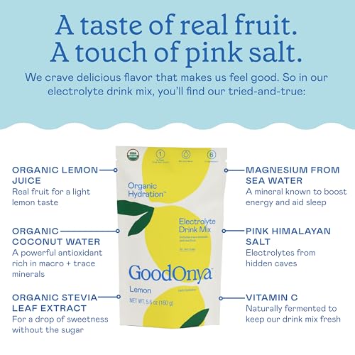 GOODONYA Organic Hydration Electrolyte Drink Mix, Certified Organic Hydration Powder, Non-GMO, Biochecked Glyphosate Free, Low Sugar, Lemonade Flavor, No Artificial Flavors, 42 Servings