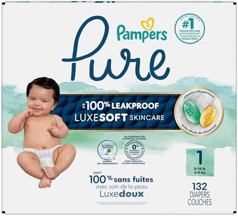 Pampers Pure Protection Baby Diapers, Size 1 (8-14 lbs), 82 Count, Up to 100% Leakproof, Premium Plant-based Skin Protection, Hypoallergenic Soft Diapers