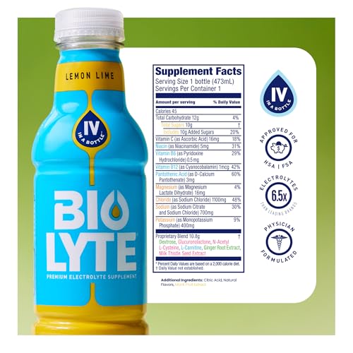 BIOLYTE Electrolyte Drink - Doctor-Formulated Hydration Drink, HSA & FSA Electrolytes Water, Chemotherapy Must Haves for Women & Men, Rehydration IV Liquid in a Bottle - Lemon Lime, 16 Fl Oz (12 Pack)