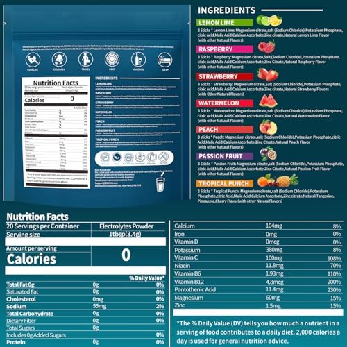 Electrolytes Powder Packets, Hydration Packets, Electrolytes Powder No Sugar, Portable Electrolyte Drink Mix for Rapid Hydration, Sugar Free & Low Sodium | 0 Calorie | 7 Flavors | 20 Sticks