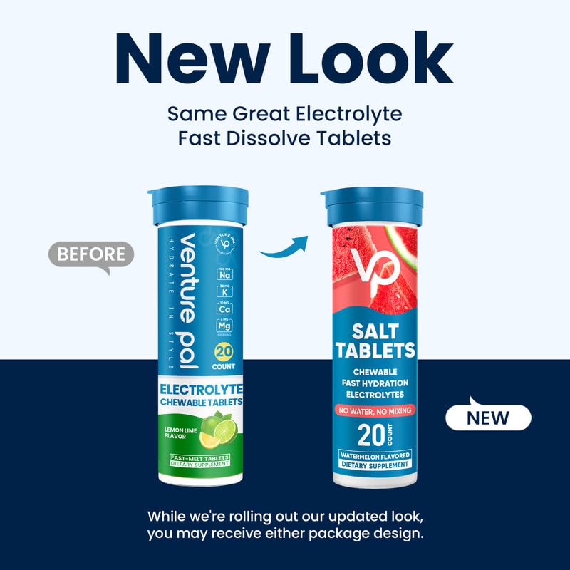Venture Pal Chewable Electrolyte Tablets, 80 Count Fast-Dissolve Sugar-Free Stick Salt Tablets - Variety Pack for Rapid Hydration, Outdoor Running, Hiking, Sports | Keto & Vegan Friendly | 4 Pack