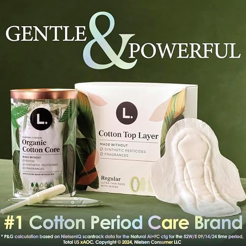 L. Ultra Thin Pads for Women, Overnight Absorbency, Organic Cotton Top Layer, Unscented Pads with Wings, 96 Count (4 Packs of 24)
