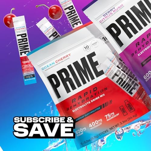 Prime Rapid Rehydration Electrolyte Powder Sticks, Berry Citrus Rush, Sugar Free Hydration Drink Mix with Sodium, Potassium & B Vitamins, Caffeine Free, 16 Count