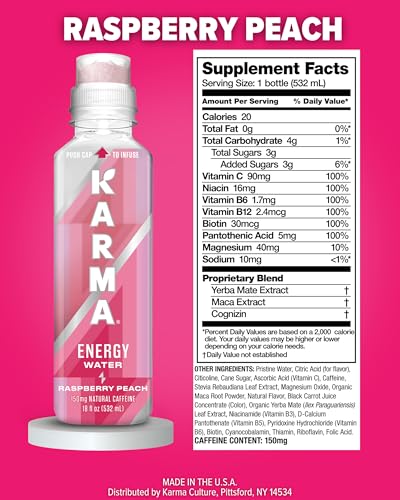 Karma Energy Drink – 12 Pack, Blueberry Watermelon Caffeinated Water with Cognizin® Nootropics, Vitamins & Immune Support, Low Calorie