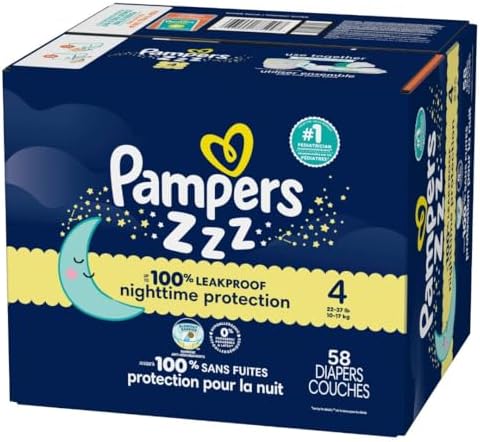 Pampers ZZZ Overnight Diapers, Size 4 (22-37 lbs), 58 Count, Nighttime Protection Disposable Baby Diaper, Night Time Leak and Skin Protection