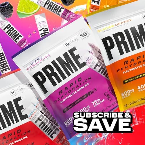 Prime Rapid Rehydration Electrolyte Powder Sticks, Berry Citrus Rush, Sugar Free Hydration Drink Mix with Sodium, Potassium & B Vitamins, Caffeine Free, 16 Count