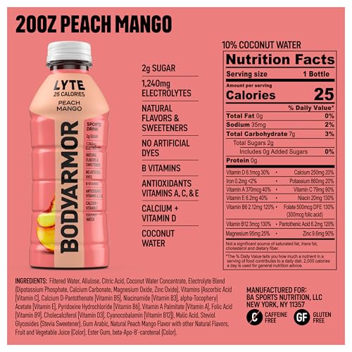BODYARMOR LYTE Sports Drink Low-Calorie Sports Beverage, Peach Mango, Coconut Water Hydration, Natural Flavors With Vitamins, Potassium-Packed Electrolytes, Perfect For Athletes, 12 Fl Oz (Pack of 8)