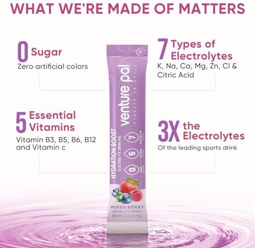 Venture Pal Sugar Free Electrolyte Powder Packets - Liquid Daily IV Hydration Packets | Electrolytes Drink Mix with 5 Vitamins & 7 Electrolytes | Keto Friendly | Non-GMO | Certified Vegan | 16 Sticks