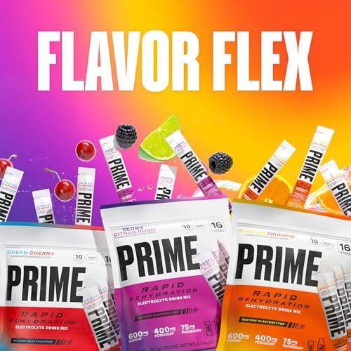 Prime Rapid Rehydration Electrolyte Powder Sticks, Berry Citrus Rush, Sugar Free Hydration Drink Mix with Sodium, Potassium & B Vitamins, Caffeine Free, 16 Count