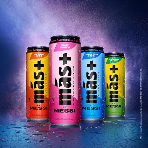 Más+ By Messi 19.2oz Miami Punch Sports Drink & Hydration Beverage, Natural Flavors with Vitamins and Electrolytes, No Artificial Sweeteners or Colors, 12-pack