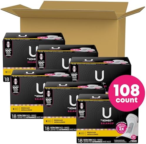 U by Kotex Balance Ultra Thin Pads with Wings, Heavy Absorbency, 46 Count (Packaging May Vary)