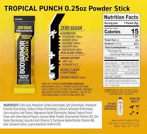 BODYARMOR Flash IV Electrolyte Packets, Strawberry Kiwi - Zero Sugar Drink Mix, Single Serve Packs, Coconut Water Powder (6 Count)