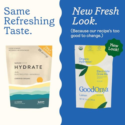 GOODONYA Organic Hydration Electrolyte Drink Mix, Certified Organic Hydration Powder, Non-GMO, Biochecked Glyphosate Free, Low Sugar, Lemonade Flavor, No Artificial Flavors, 42 Servings